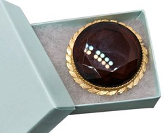 Vintage MCM Gold Tone Brooch Root Beer Glass Faceted Rhinestone Edwardian Style
