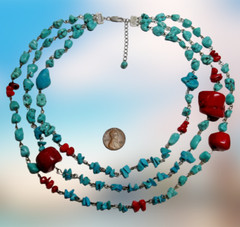 Blue Turquoise Red Coral Nugget 3 Strand Adjustable Length Western Necklace