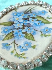 Decoupage Cottagecore Blue Flower Clear Rhinestone Brooch Pin Garden Spring