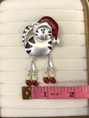 Green Eyed Christmas Cat Brooch Pin Articulated Red Cap Mittens Sparkle Enamel