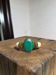 Antique Brass Buffalo Bone Cuff Bracelet Green Malachite Accent