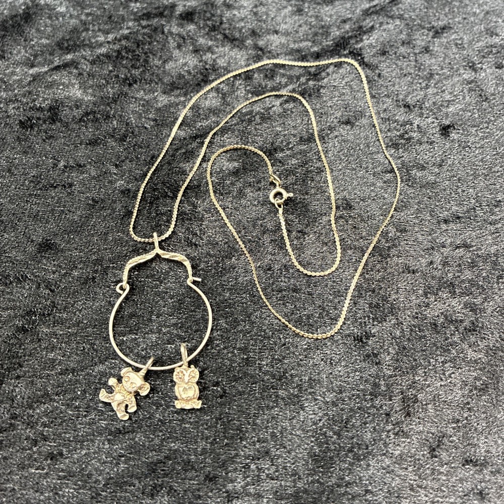 Vtg Sterling Silver Charm Holder 23 In Serpentine Chain Necklace Teddy Bear Owl