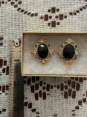 1928 Vintage Black Gold Tone & Rhinestone Pierced Post Earrings