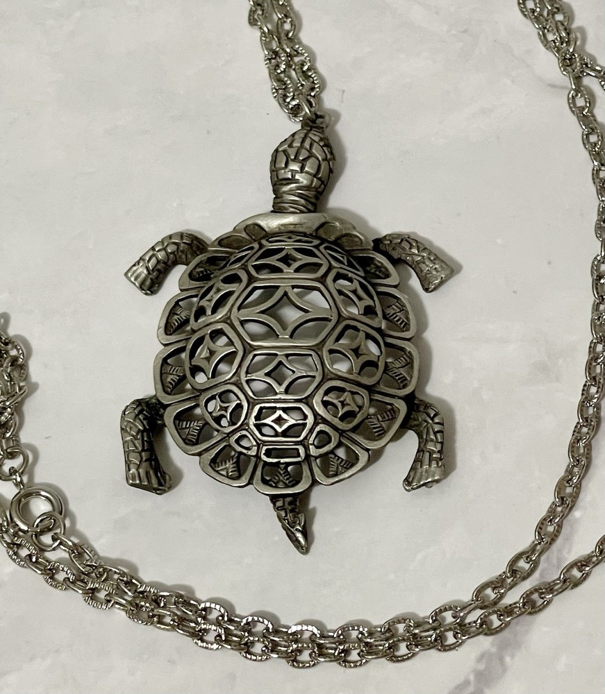 Vintage Dark Silver Tone Turtle Pendant And Chain – Open Work Design 2.5 Inches