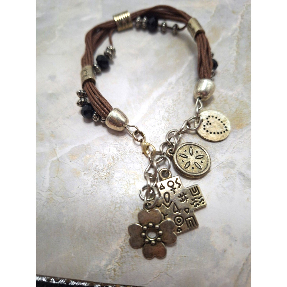 Boho Beaded Charm Bracelet On Cord Gypsy Cha-Cha Multi Strand Mixed Media