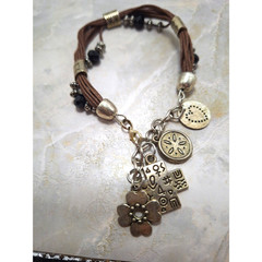 Boho Beaded Charm Bracelet On Cord Gypsy Cha-Cha Multi Strand Mixed Media