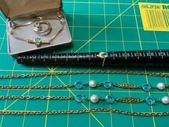 5 PIECE GOLDTONE & BLUE TOPAZ SET, 28” SWAROVSKI CRYSTAL NECKLACE RING ETC 6-154