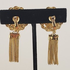 1950s Earrings Chain Tassel Filigree Gold Tone Pink Green Rhinestones Retro Glam