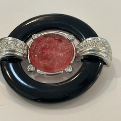 Vtg Gem Craft Art Deco Black Onyx Raspberry Glass Carved Rhinestone Pin