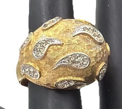 Vintage Gold Tone Dome Ring Textured Metal Teardrop Rhinestone Accents Statement