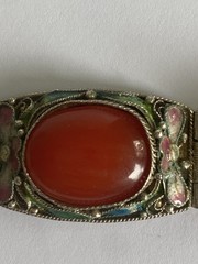 CHINESE EXPORT Bracelet Silver Filigree Cloisonne Enamel Vintage Carnelian Panel