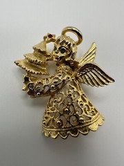 Antique Gold Angel Christmas Tree Blue Rhinestone Brooch 4.5cm BB2