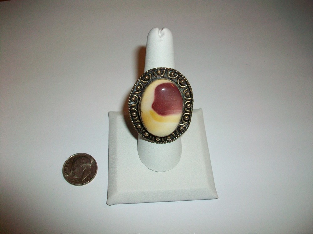 Vintage 925 Sterling Silver Mookaite Jasper Ring W/Beaded Scrollwork- Size 8 1/4