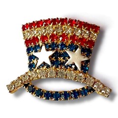 Patriotic Rhinestone Brooch Red White Blue Vintage Uncle Sam Hat Figural Pin