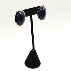 Modernist Navy Blue Slight Dome Lucite Oval Polished Gold Tone Pierced Earrings