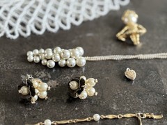 Vintage 16 Pc Faux Pearl Jewelry Lot MIA Brooch Necklaces Earrings Barrettes