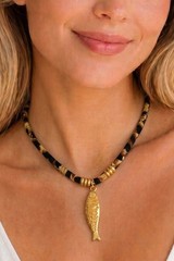 18K Gold Plated Fish Pendant Necklace Leopard Print Fabric Cord Choker Jewelry
