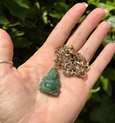 Vintage Double Link 12K 1/20 Gold Filled Green Carved Stone Charm Bracelet
