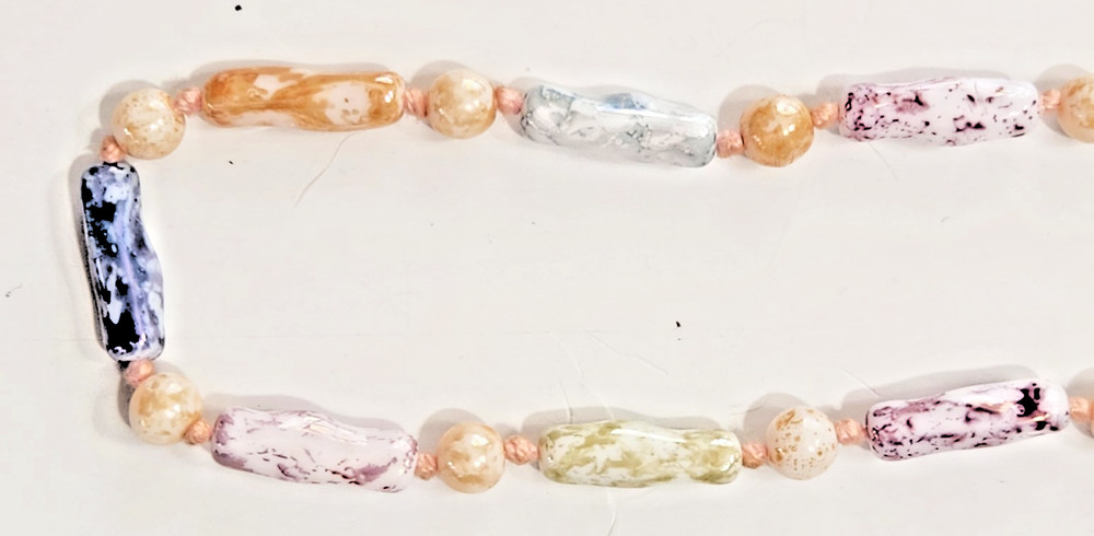 Vtg Glazed Porcelain Bead Necklace Hand Knotted Seaside Mermaid Beach Boho
