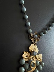 Antique Czech Glass Grape Cluster Necklace Brass Blue Bead Art Deco Neiger Style
