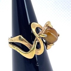 VTG 18KT HGE Gold Plate Ring Tiger Eye Art Nouveau Abstract MCM Retro Size 6.25