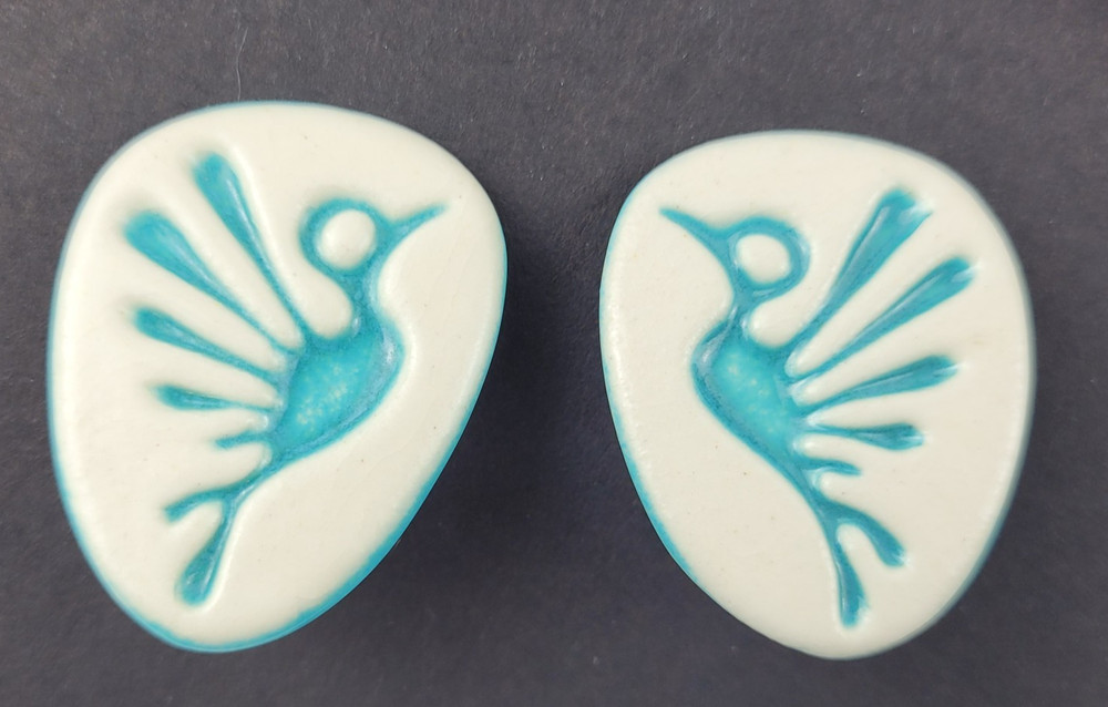Vintage MCM Blue Cream Ceramic Bird Thunderbird Earrings Clip On