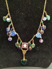 Vintage Glass Works Studio Necklace Heart Charms Brass Gold Tone 15 Charms