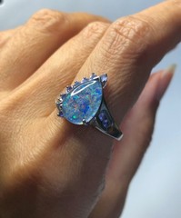 Vintage Estate BLACK-BLUE AUSTRALIAN FIRE OPAL & Tanzanites Sterling Silver Ring