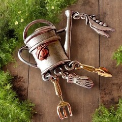 Gardening Charm Brooch Silver Tone Vintage Gardener Tools Watering Can Pin