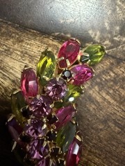 Vintage Gold Tone Domed Leaf Pin/Brooch w/ Pink and Green Prong Set Glass Stones