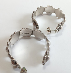 LARGE MEXICO STERLING SILVER DAISY FLOWER HOOP STYLE PIERCED POST EARRINGS