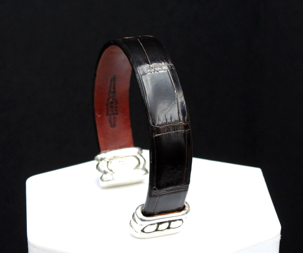 Vintage Gail Labelle 925 Sterling Silver Cuff Bracelet Alligator Leather Jewelry