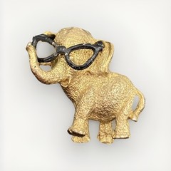 Vintage Elephant Pin Brooch Jewelry Gold Tone Safari Wild 1” Wearing Eye Glasses