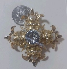 Maltese Cross Gold Tone Ornate Brooch Rhinestone Faux Pearls Signed Graziano