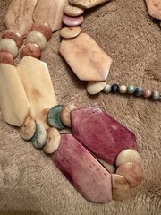 Vintage Art Deco Carved Bovine Necklace Pastel Pink Green Hexagon Geometric 34”