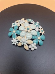 Vintage Large Turquoise and Cream Enamel Floral Broach 3” across