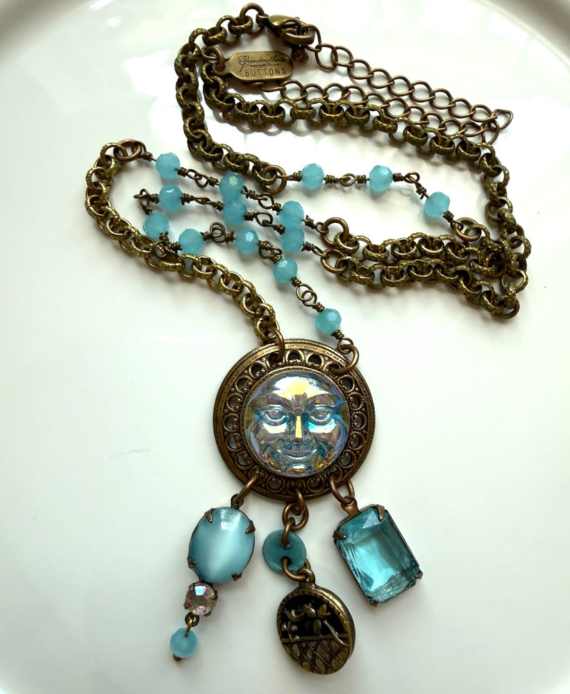 Grandmother’s Buttons Art Glass Necklace Moon Face Vintage Blue Bead Brass Chain