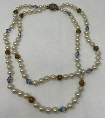 VINTAGE FAUX PEARL & GOLDTONE METAL FILIGREE ROUND BEADS 2 STRANDS NECKLACE