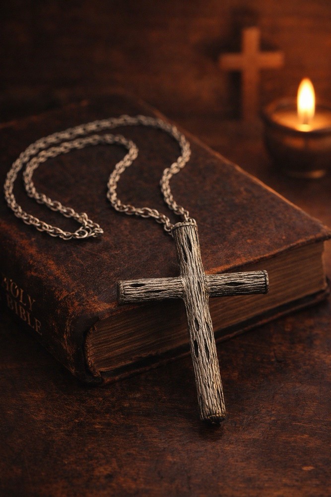 Brutalist Cross Necklace Large Rustic Pendant Wood Look Silver Tone Christian