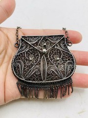 Antique Silver Tone Intricate Filigree Swirl Flower Coin Perfume Purse Pendant