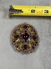 Vintage Red Rhinestone & Tiger Eye Glass Brooch Gold Tone Filigree Statement Pin