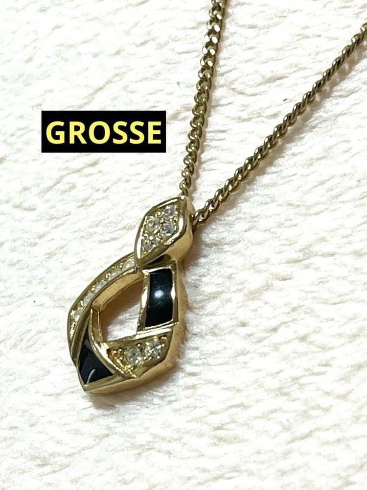 Grosse Necklace Vintage Germany Gold Black Rhinestone Pendant 39cm Elegant