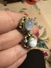 Vintage Czechoslovakia Enamel Filigree Screw Back Earrings Blue Cabochon Brass