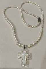 Vintage Mother of Pearl Bethlehem Cross Pendant on Freshwater Pearl Necklace