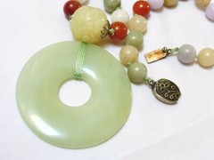 Vintage Chinese Multi-Color Jade 9mm Beads Necklace Pendant, Silver Clasp, 25″