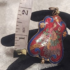 Vintage Cloisonne Pendant Peacock Bird Floral Red Blue Gold Tone 2in.
