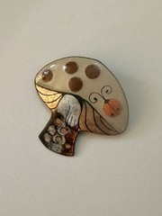 Vintage Signed Nanci Mushroom Ladybug Mid Century MCM Enamel Copper Pin Brooch