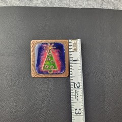 Enamel Christmas Tree Brooch Square Copper Colored Metal Textured