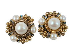 Vintage Strung Faux Pearl, Rhinestone Rondell and Gold Bead Cluster Clips