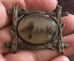 Antique Victorian Framed Etched Rustic Shazar Moss Agate Date 1908 Brooch Silver
